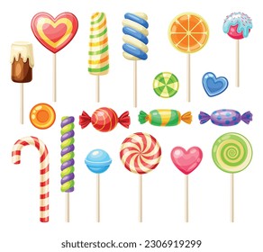 Set of candies. Collection of multicolored lollipops. Dessert and delicacy for holidays and festivals. Sugar and sweet, junk food. Cartoon flat vector illustrations isolated on white background