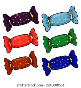 Set of candies in color wrappers. Vector illustration. Cartoon style