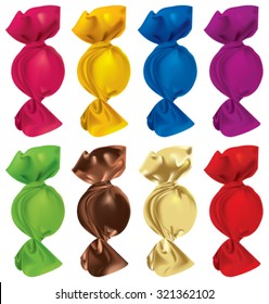 Set of candies in colorful wrapper on a white background