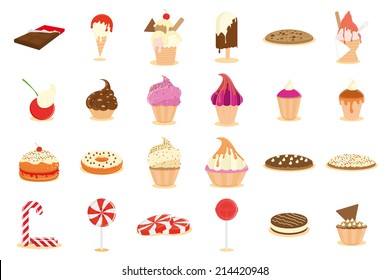 a set of candies and cupcakes on a white background