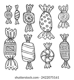 Ponga los caramelos en el envoltorio de doodle. Ilustración gráfica dibujada a mano.