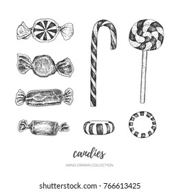 Set of candies. Hand drawn vintage black and white elements. Isolated vector items.