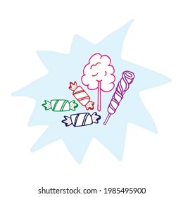 set of candies illustration, blue color paint spattered. candy, lollypop, cotton candy. hand drawn vector. doodle art for wallpaper, poster, banner, advertising, greeting. sweet dessert for kids. 