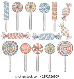 Set of candies, lollipop, sugar caramel in wrapper and twisted marshmallow on stick. Hand drawn vector illustration