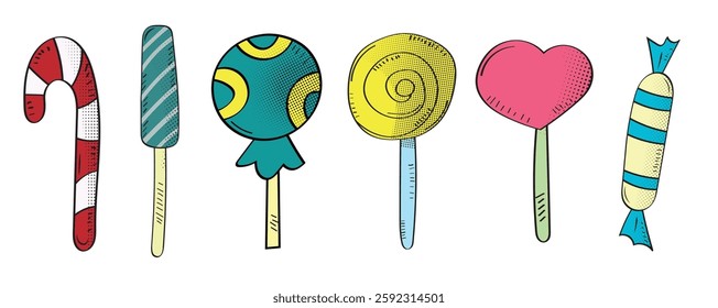 Set of candies, lollipop, sugar caramel in wrapper and twisted marshmallow on stick