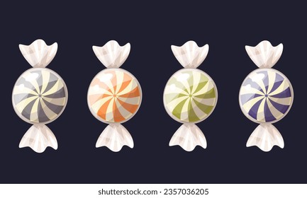A set of candies, lollipops in different wrappers in Halloween style. Trick or treat, Halloween holiday. Elements for design. Cartoon vector illustration