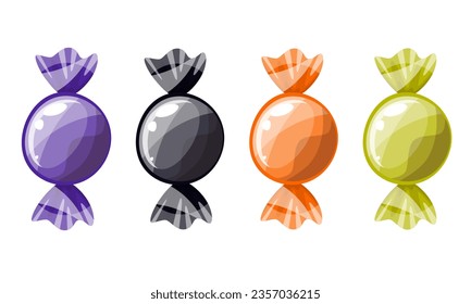 A set of candies, lollipops in different wrappers in Halloween style. Trick or treat, Halloween holiday. Elements for design. Cartoon vector illustration
