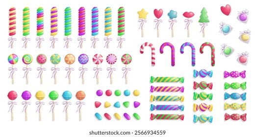 A set of candies, lollipops, spirals. The concept of sweet dishes, desserts and confectionery. Vector illustration on a white background for a poster, banner, postcard, advertisement.