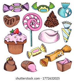 Set of candies and muffins isolated on white, hand drawn doodle sketch style sweets