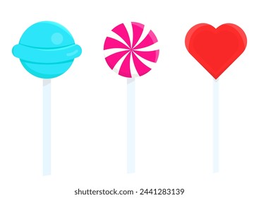 A set of candies on a stick. Various sweet lollipops on a stick on an isolated background.