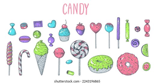 Set of candies, sweets. Hand drawing collection. Hand drawn vector illustration. Cartoon candies set. Design elements.