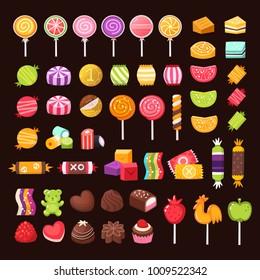 Set of candies and sweets for holidays. Colorful pastry illustrations. Isolated vectors.