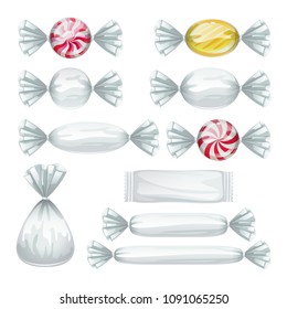 Set of candies in transparent wrappers. Sweets icons.