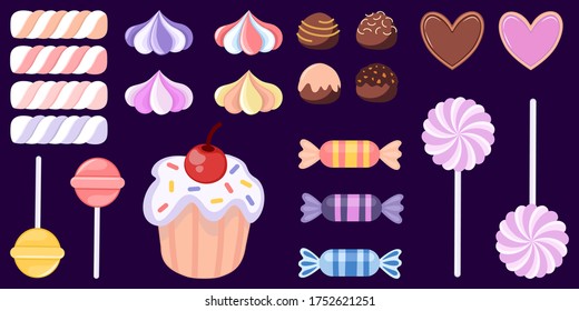 Set of candies. Vector sweet icons. Game confectionary assets. Cupcake, lollipops, marshmallows, spirals, heart biscuits, strawberry gum, truffles. Pastry shop. Kids party pack. Vanilla, chocolate.