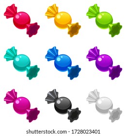 Set Candies wrapped lollipop bonbon isometric sweet food different colors. Vector isolated on white background