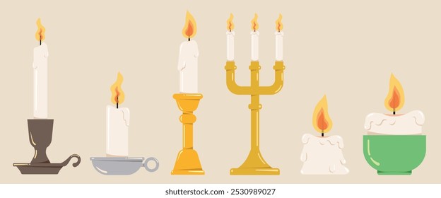 Set of candle, burning candles design. 