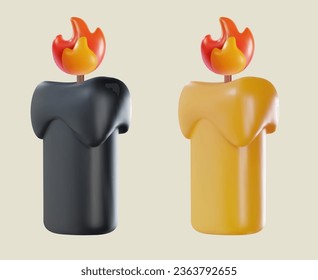 Set candle. Cute cartoon design element in bright vector 3d minimal style. Realistic glossy event or holiday decoration. Sweet creative child toy. Modern illustration.