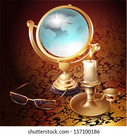 Set of a candle, globe and glasses on a vintage background with victorian gold ornament in retro style