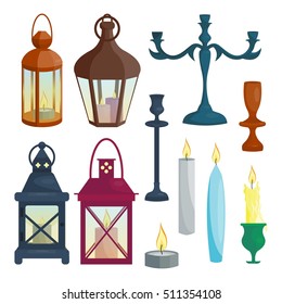 Set of candle holders and lanterns. Vector illustration. Cartoon style. Elements for new year and christmas cards