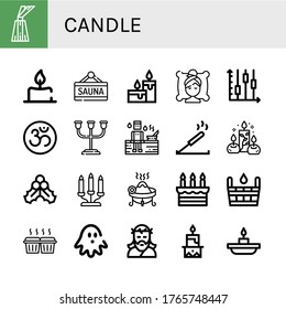Set of candle icons. Such as Dessert, Candle, Sauna, Candles, Spa, Candlestick, Om, Candle holder, Incense, Mistletoe, Candelabra, Cake, Muffin, Haunted house, Jesus , icons