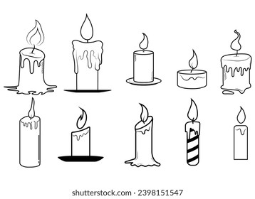 Set of candle line art vector. Doodle candle draw