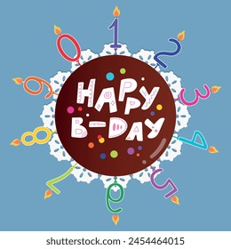 Set of candle numbers on birthday cake. Happy B-day cake with chocolate glaze. Birthday candles. Vector illustration