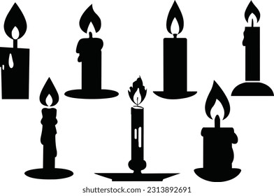Set of candle silhouettes. Candlestick silhouettes. Black and white candles. Vector illustration.