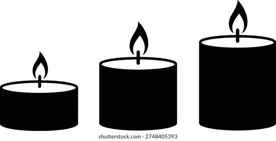 Set of candle silhouettes with flames in varying heights, representing progression, celebration, spirituality, and minimalist design for decorative or symbolic use