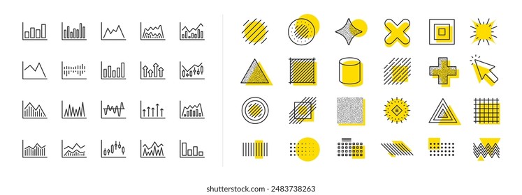 Satz von Candle-Stick-Diagramm, Report-Diagramm und Infochart-Symbole. Design Form Elemente. Symbole für Finanzdiagrammlinien. Wachstums-, Handels- und Investitionsdiagramm. Vektorgrafik