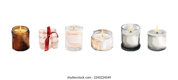 Set of candle watercolor vector design. Elements design for invitation, cards, social post, ad, cover, sale banner, invitation and decorate artwork.