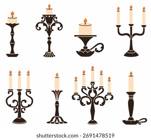 Conjunto de velas em castiçais pretos. Ilustração de vetor plano.