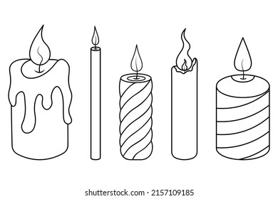 A set of candles with burning flames of various shapes. Sketch. Collection of vector illustrations. Hot wax drips. Hot flame. Coloring book for children. Doodle style. Outline on isolated background. 