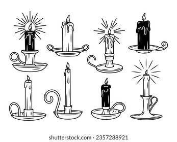 Set of candles in a candlestick. Collections of silhouettes of a paraffin candle with a burning wick. Elements for holidays and romantic cards. Vector illustration isolated on white background.