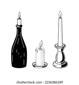 A set of candles in a candlestick, wine bottle, and saucer. Hand drawn black and white doodle vector illustration.