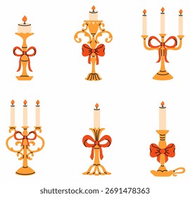 Conjunto de velas em castiçais com arcos. Ilustração de vetor plano.
