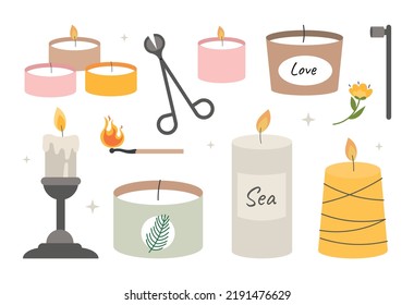 Set of candles. Collection for aromatherapy and spa treatments. Decorative containers with burning wax candles. Relaxation and rest. Cartoon flat vector illustrations isolated on white background