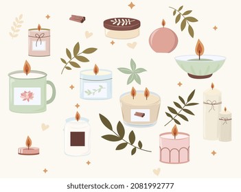 Juego de velas. Colección de objetos para crear un ambiente romántico para la reunión. Aromaterapia, spa, relajación y cuidados personales. Ilustraciones del vector plano de dibujos animados aisladas en fondo beige
