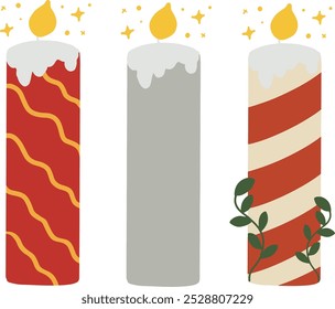 A set of candles decorated with Christmas elements. Cartoon Christmas scented candle, wax decorative aromatic candles. Winter holiday. Elements for New Year and Christmas design.Vector illustration