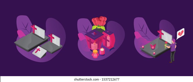 A set of candles and decorations. Vector isometric illustration.