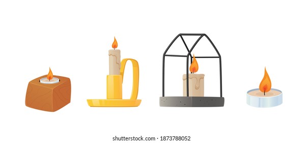 Conjunto de velas en diferentes candelabros aisladas en fondo blanco. Quemando velas aromáticas para Spa, vacaciones, elementos para Año Nuevo, tarjetas de Navidad y fecha romántica. Ilustración del vector de dibujos animados