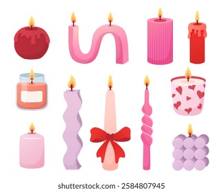 Set of candles of different shapes in cartoon flat style. Romantic pink and red candles for Valentines Day, wedding, bachelorette party, home decor.