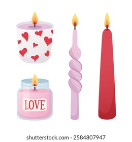 Set of candles of different shapes in cartoon flat style. Romantic pink and red candles for Valentines Day, wedding, bachelorette party, home decor.