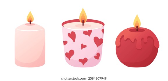 Set of candles of different shapes in cartoon flat style. Romantic pink and red candles for Valentines Day, wedding, bachelorette party, home decor.