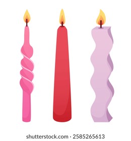 Set of candles of different shapes in cartoon flat style. Romantic pink and red candles for Valentines Day, wedding, bachelorette party, home decor.