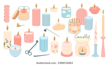 Un conjunto de velas de diferentes formas en tonos pastel aisladas en un fondo blanco. Gráficos vectoriales.