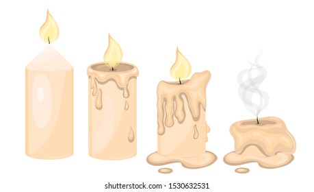 Set of candles in different stages of burning isolated on a white background