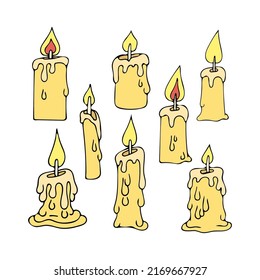Set of candles doodle. Paraffin burning candle for cake and light. Festive decoration. Aromatherapy. Wick, flame, wax. Hand drawn vector illustration. Flat drawing.