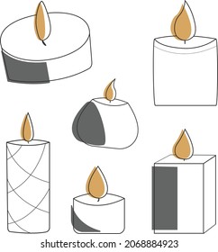Set of candles. Doodle style. Dark and yellow colors