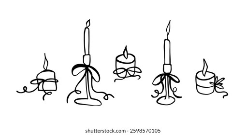 Set of candles in doodle style. Hand drawn clipart, curved line. Trendy ribbon bows in Coquette Aesthetic style. Wedding celebration, holiday, party decoration, gift. Vector illustration.
