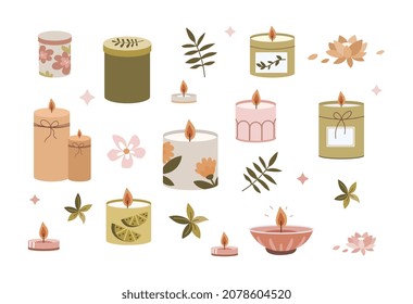 Set of candles. Elements for creating romantic atmosphere. Date, aromatherapy, spa. Light, bathroom, nature, leaf. Comfort, cozy. Cartoon flat vector illustrations isolated on white background